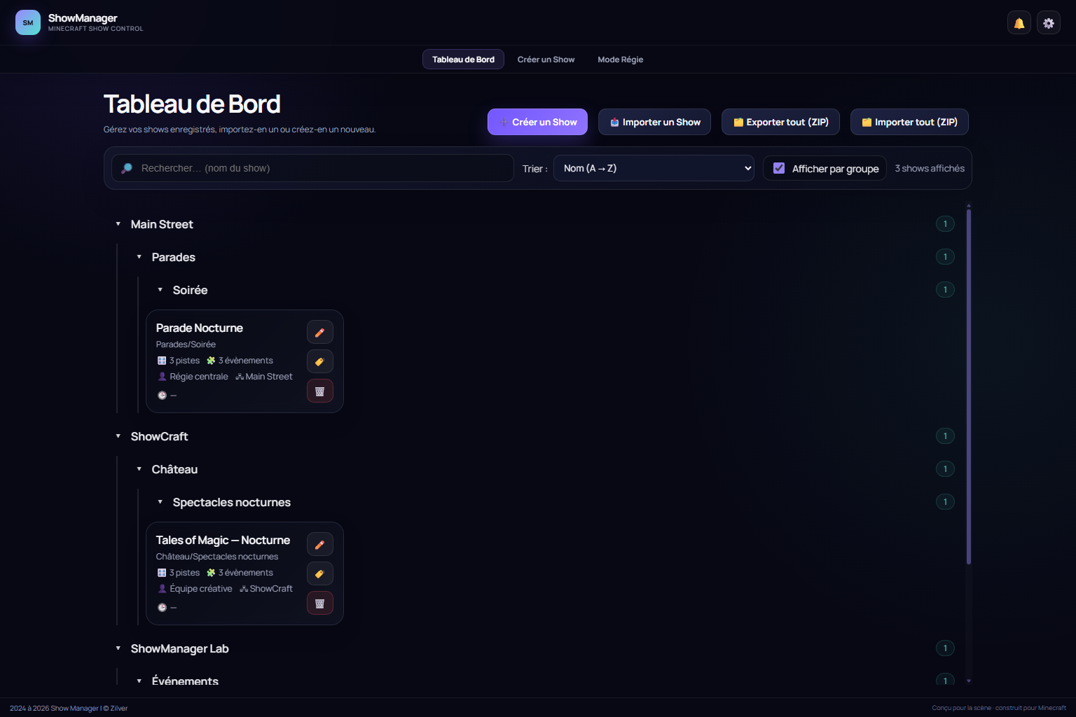 Tableau de bord ShowManager avec plusieurs spectacles organisés
