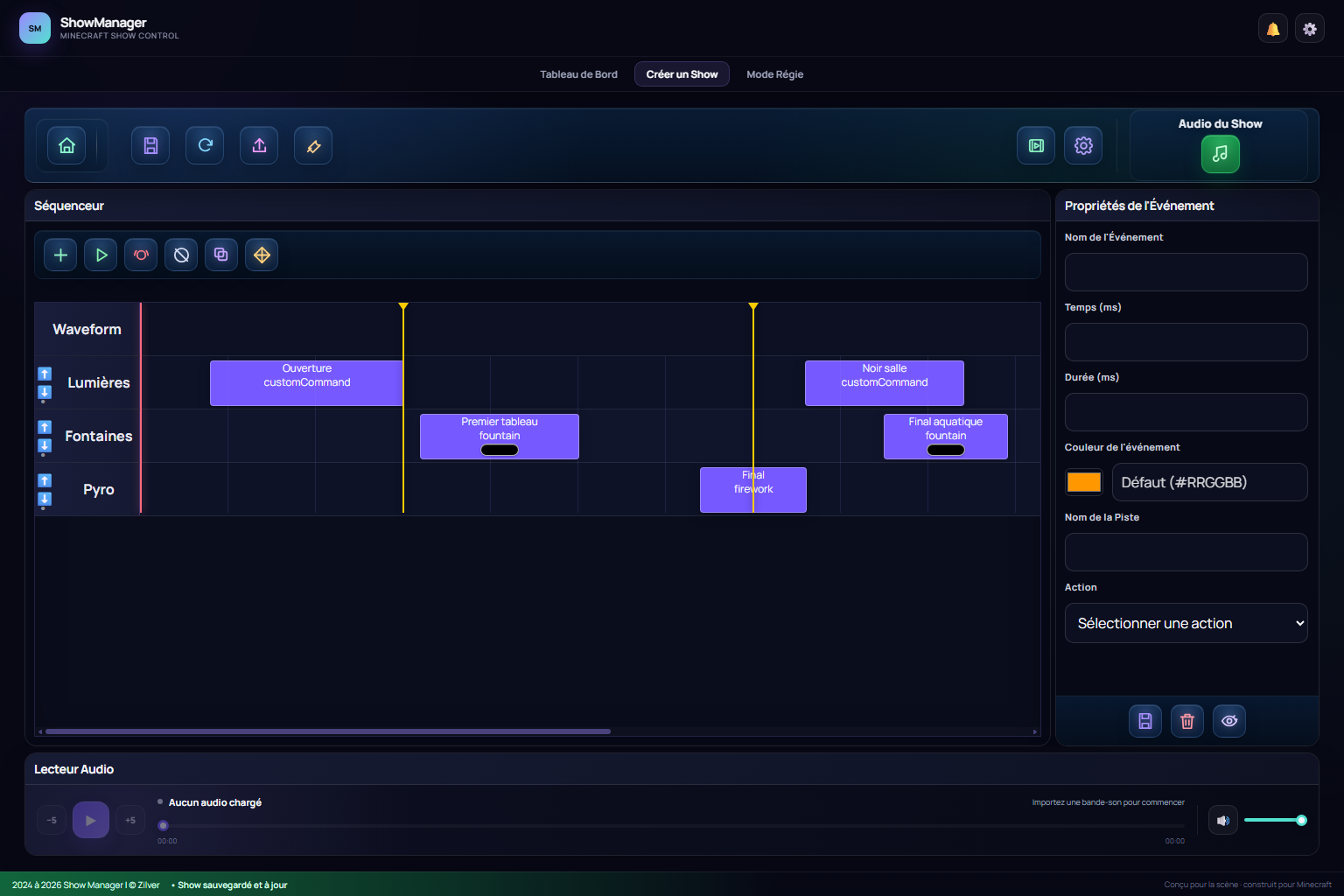 Séquenceur visuel ShowManager avec une timeline remplie