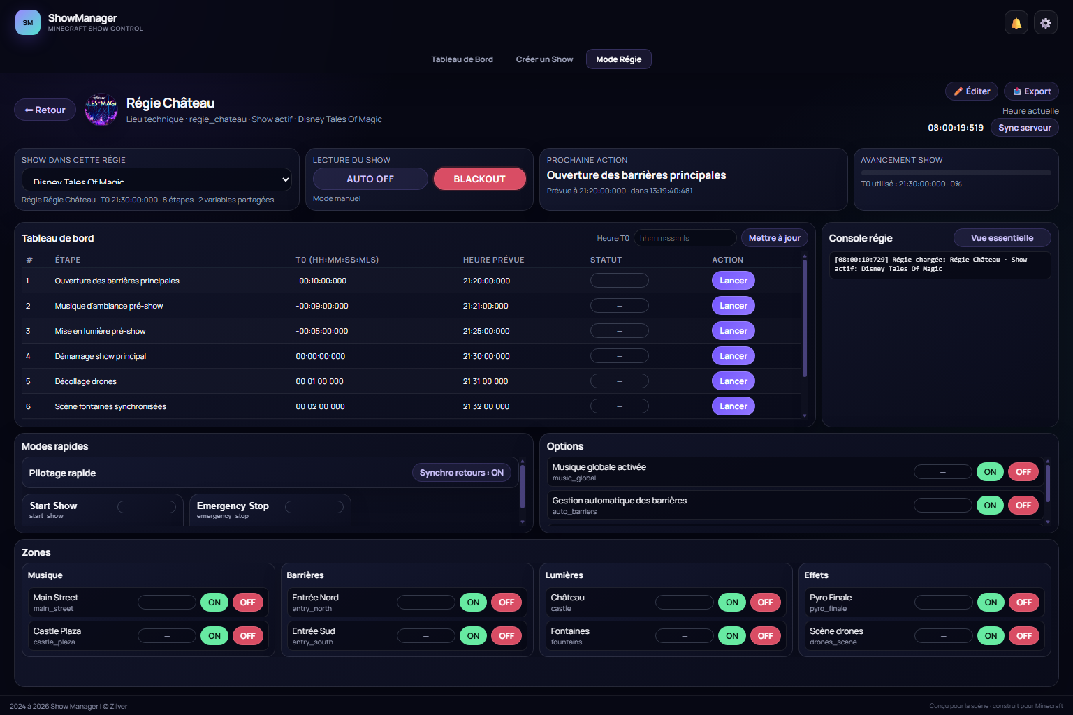 Mode régie ShowManager avec planning, options et zones